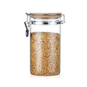 Transparent clear sealed airtight glass jar with clamp locking lid bamboo lid, 100mm dia.x 220mm h