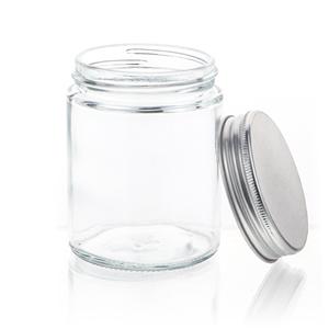 Clear thick glass straight sided jar with white metal airtight lid, 73.5mm dia.x 95.5mm h