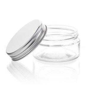 Clear thick glass straight sided jar with white metal airtight lid, 73.5mm dia.x 43mm h