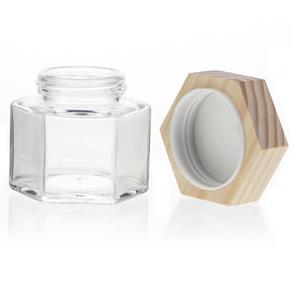 Clear hexagonal honey jar with bamboo lid glass cream jar, 55mm dia.x 97.5mm h Clear hexagonal honey jar with bamboo lid glass cream jar, 55mm dia.x 97.5mm h