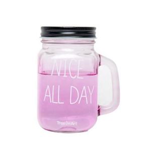 Ice cold drinking cup colourful glass mason jar with handle tin lid, 79mm dia.x 132mm h