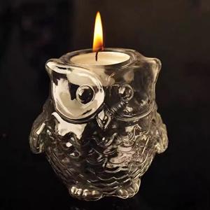 Custom made clear hand blown owl shape glass oil burner candle holder for tea light, 105mm dia.x 124mm h