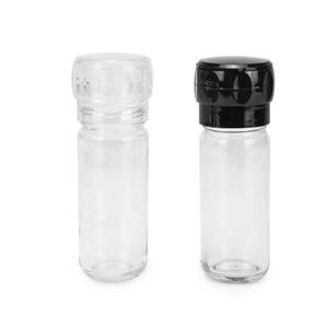 Clear glass refillable spice jar with black grinder and snap on cap, 45mm dia.x 120mm h Clear glass refillable spice jar with black grinder and snap on cap, 45mm dia.x 120mm h
